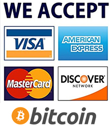We accept most major credit cards and bitcoin